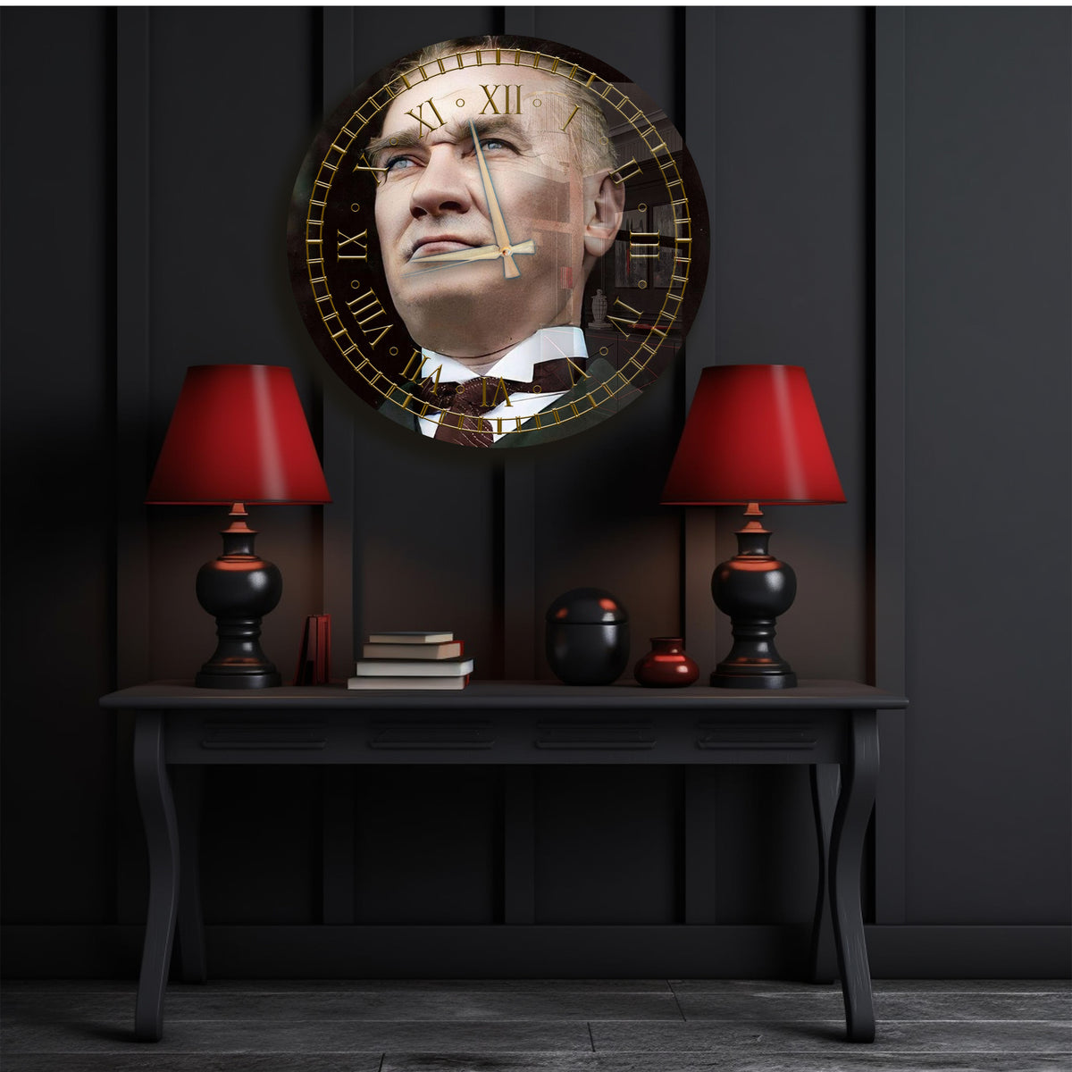 Atatürk Duvar Saati – Gold Detaylı Yuvarlak Cam Saat
