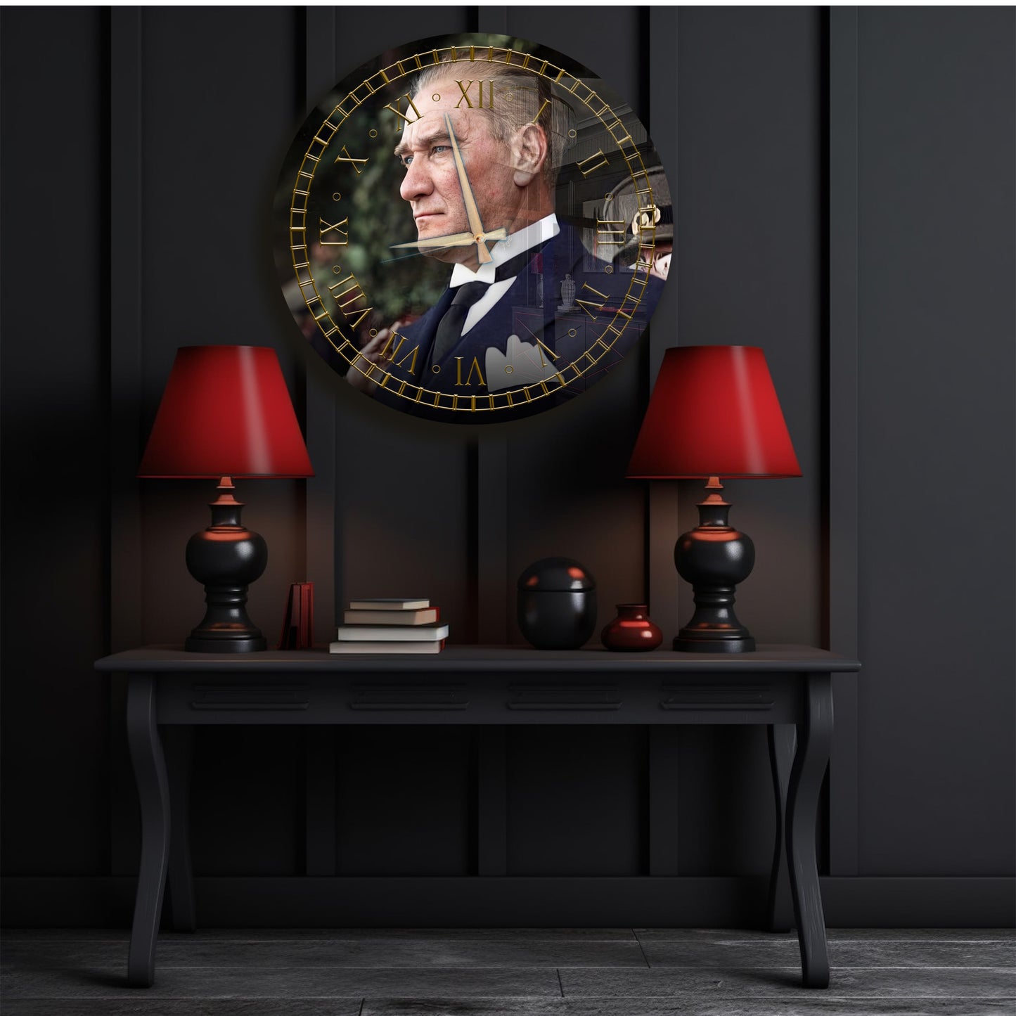 Atatürk Duvar Saati – Gold Detaylı Yuvarlak Cam Saat