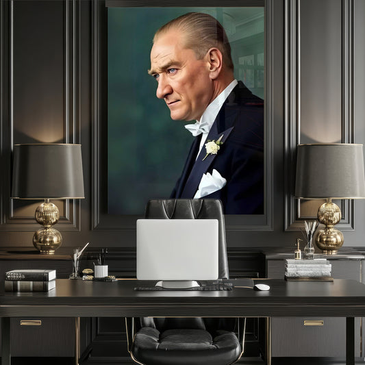 Praglı Atatürk Portresi  Yatay Cam Tablo
