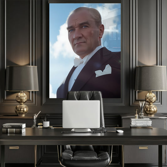 Praglı Atatürk Portresi Yatay Cam Tablo