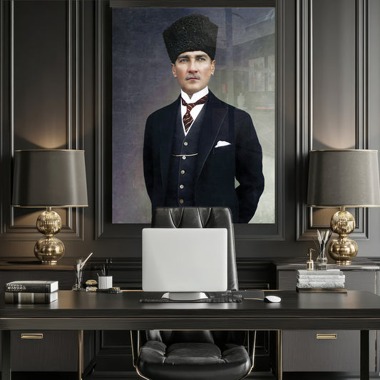 Kalpaklı Atatürk Portresi  Yatay Cam Tablo