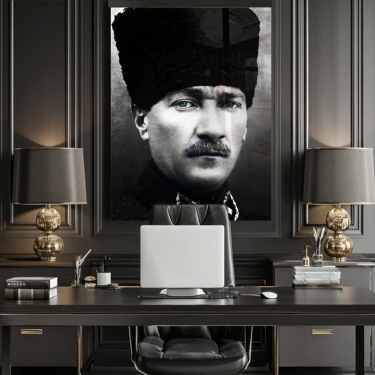 Kalpaklı Atatürk Portresi  Yatay Cam Tablo