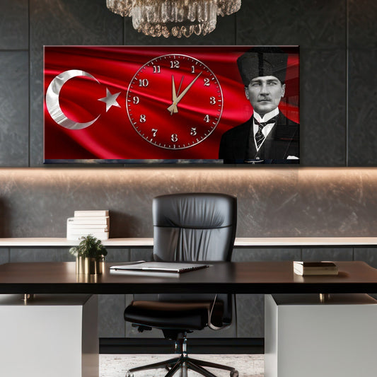 Atatürk temalı Yatay Cam saat