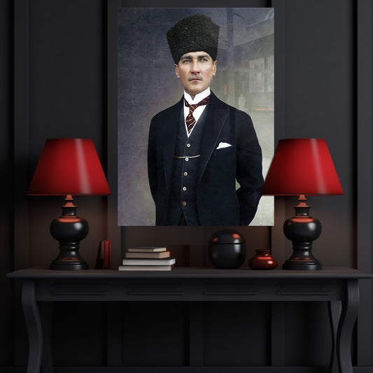 Kalpaklı Atatürk Portresi  Yatay Cam Tablo