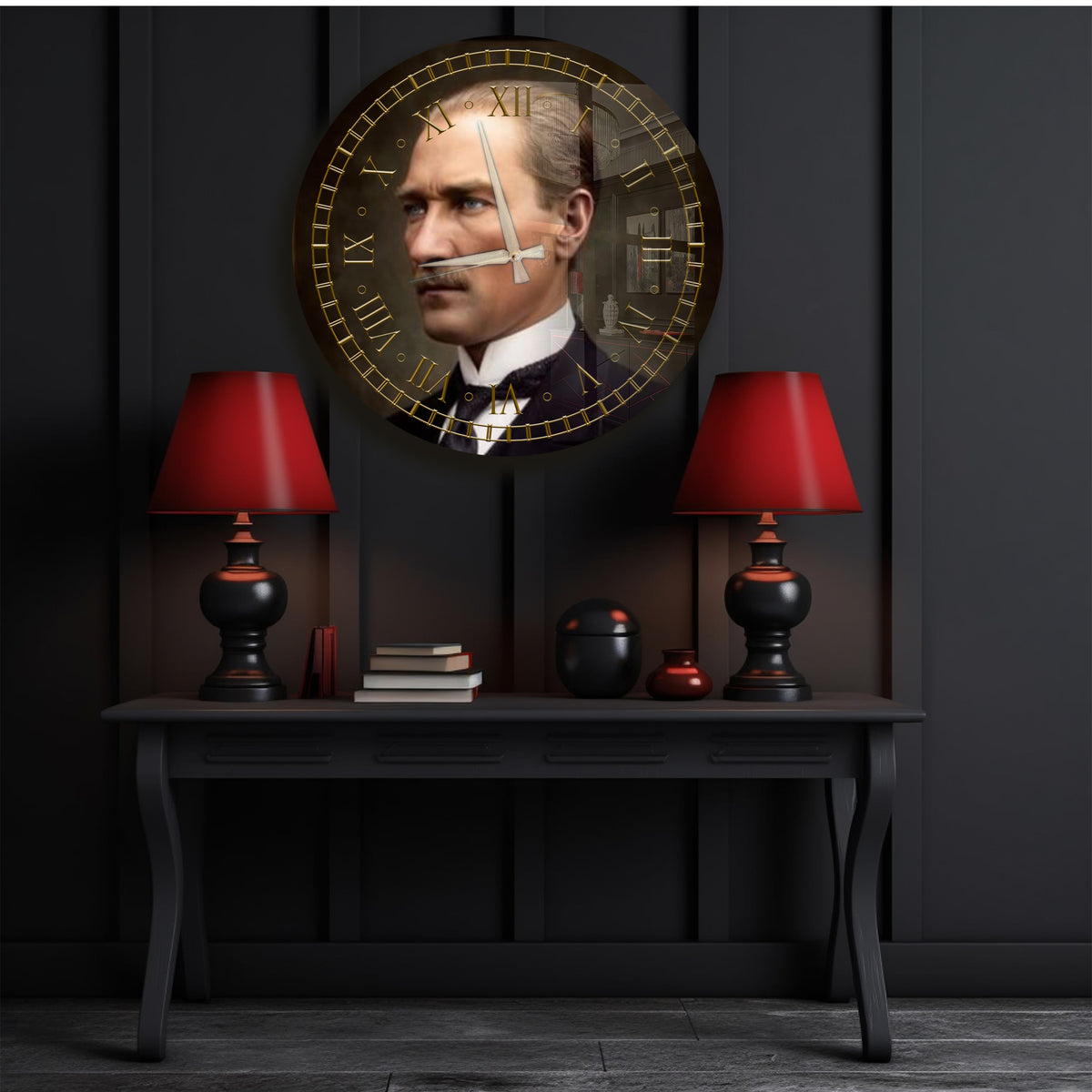 Atatürk Duvar Saati – Gold Detaylı Yuvarlak Cam Saat