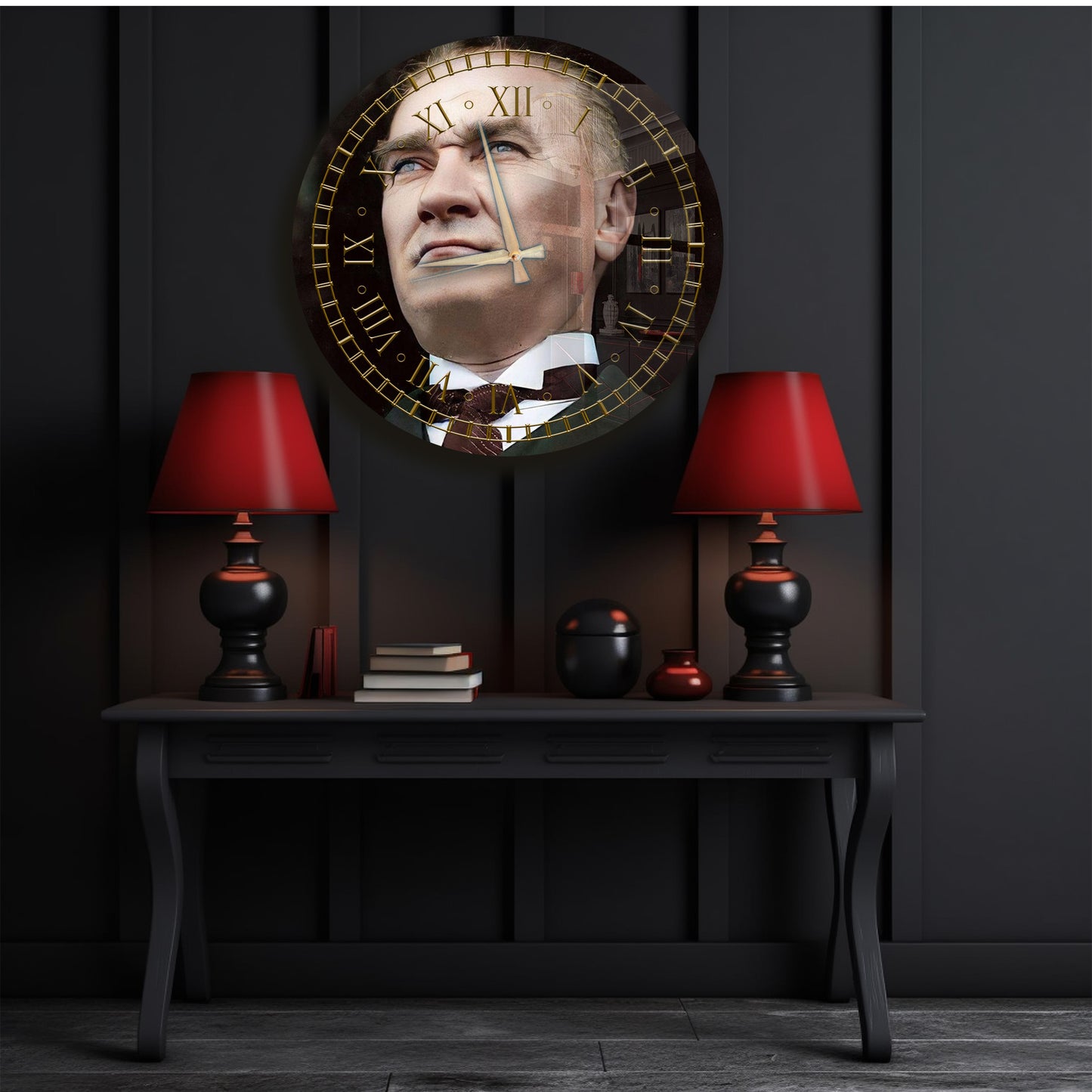 Atatürk Duvar Saati – Gold Detaylı Yuvarlak Cam Saat