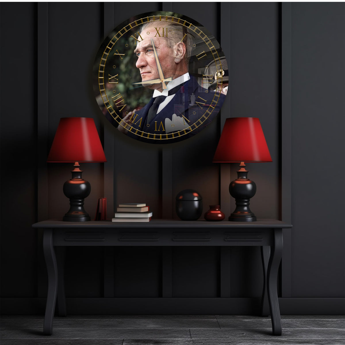 Atatürk Duvar Saati – Gold Detaylı Yuvarlak Cam Saat