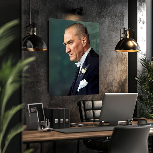 Praglı Atatürk Portresi  Yatay Cam Tablo