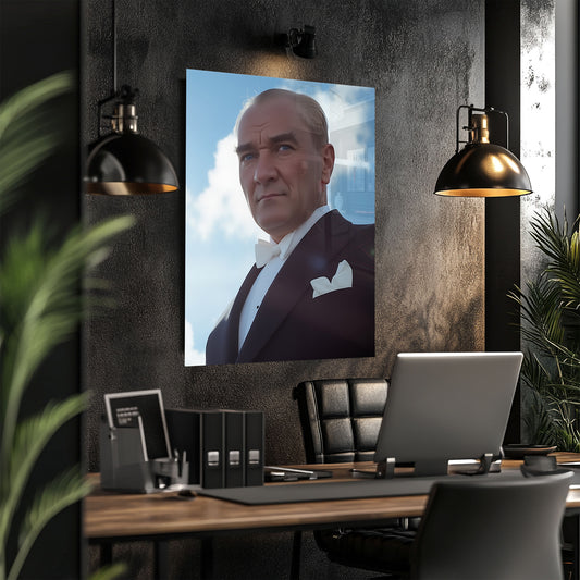 Praglı Atatürk Portresi Yatay Cam Tablo
