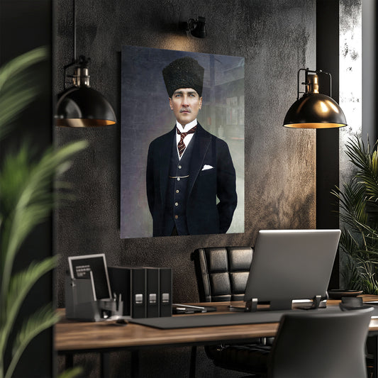 Kalpaklı Atatürk Portresi  Yatay Cam Tablo