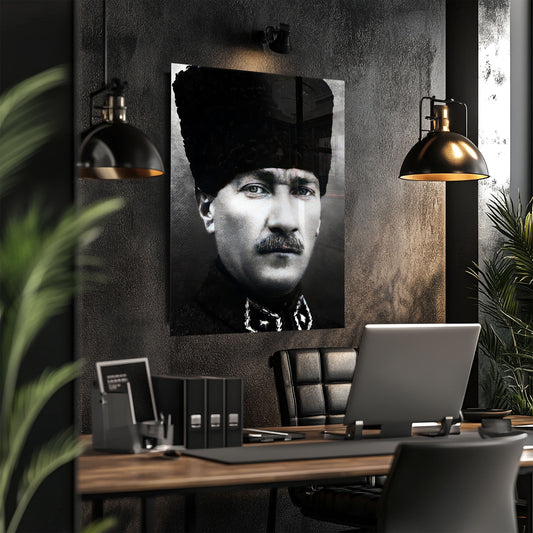 Kalpaklı Atatürk Portresi  Yatay Cam Tablo